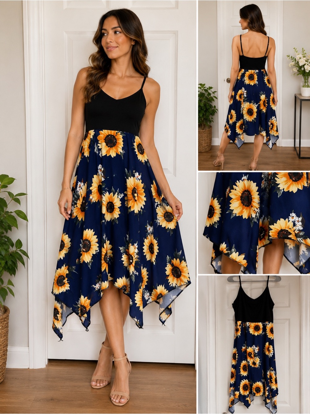 Black & Navy Sunflower Spaghetti Strap Dress